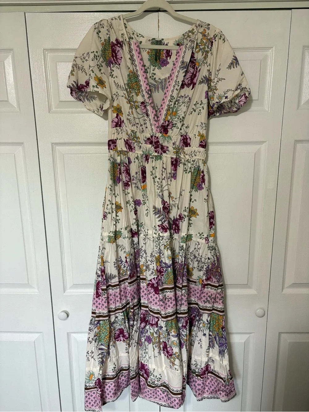 Anthropologie Cream Midi Dress with Purple & Yellow Floral Print - Picture 2 of 3